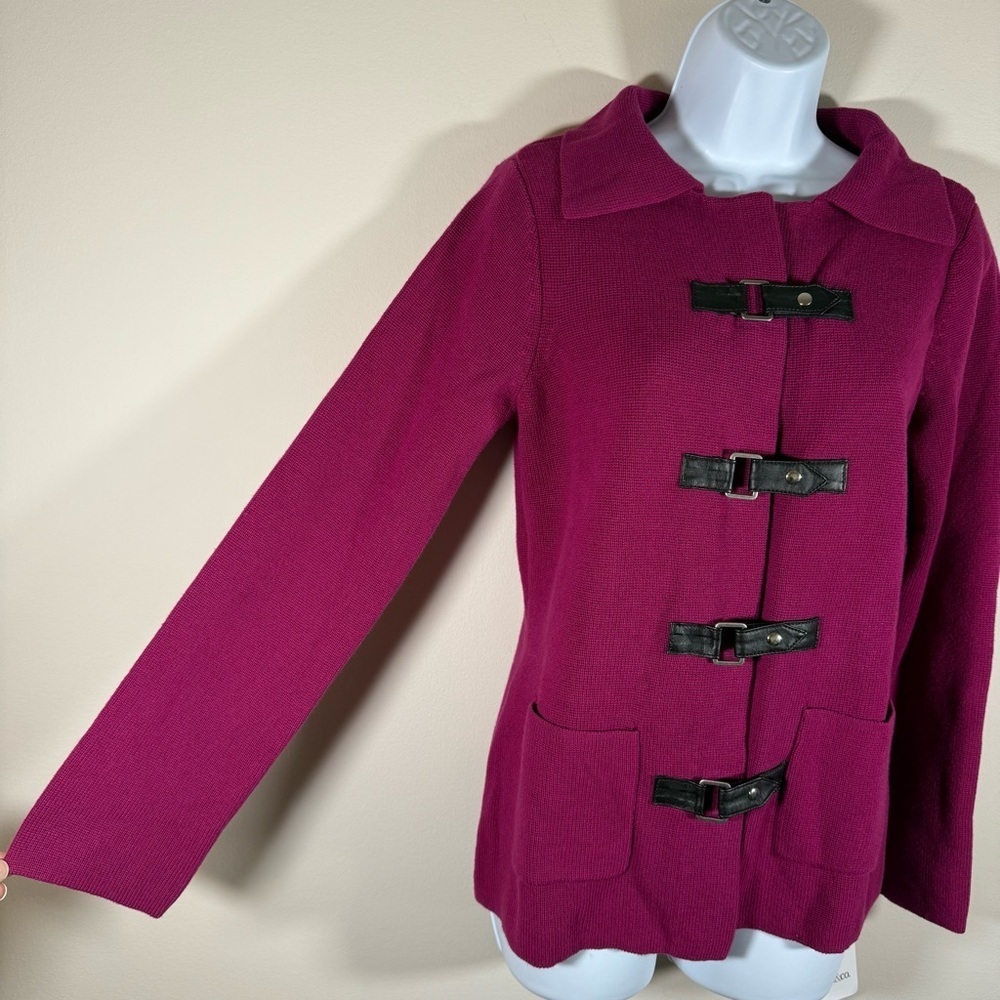 NWT Liz&Co. Y2K Women’s Magenta Knit Sweater Jacket Leather Accents M - Picture 6 of 10